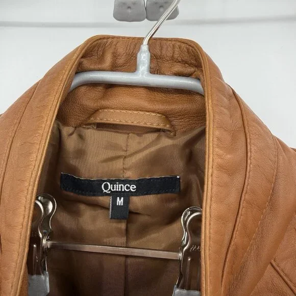 Quince 100% Leather Stand-Collar Jacket size M Women's in Cognac Brown Full Zip - Picture 10 of 16